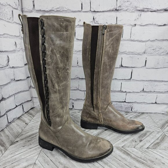 Bussola Knee High Leather Riding Boots Womens 37 US 6.5 Taupe Zipper Distressed - Picture 1 of 16